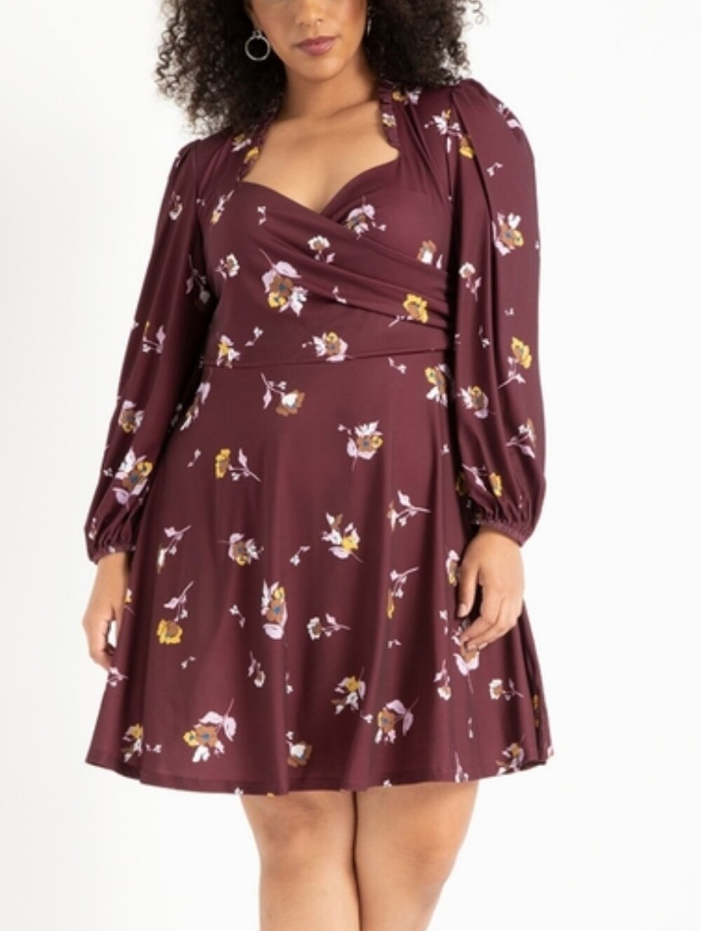 Eloquii Burgundy Long Sleeve Sweetheart Floral Wrap Dress, Size 18